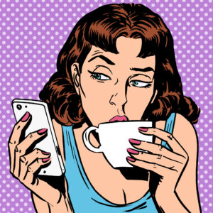 girl looks at smartphone drinking tea or coffee