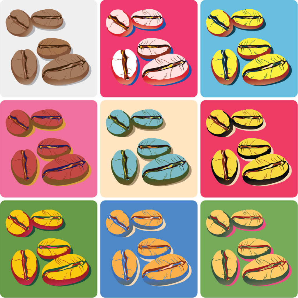 Pop-art illustrations of coffee beans.