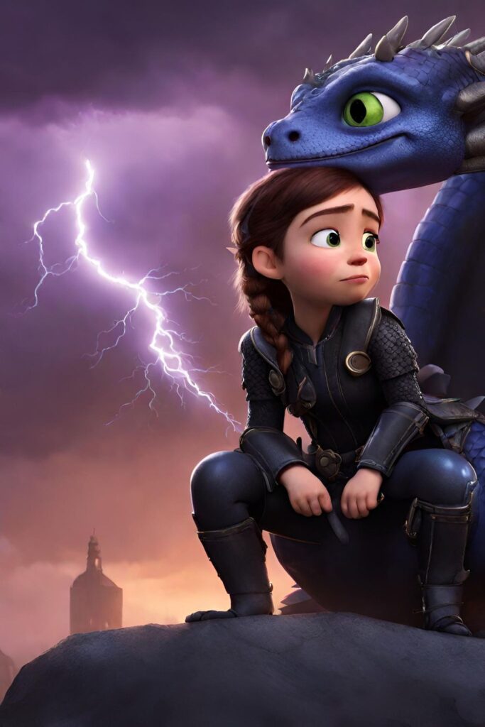 
violet-sorrengail-and-tairn-pixar-characters-with-lightning-storm-fourth-wing-and-iron-flame